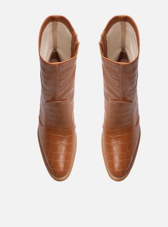 Bota Marrom Croco Cano Médio Salto Bloco