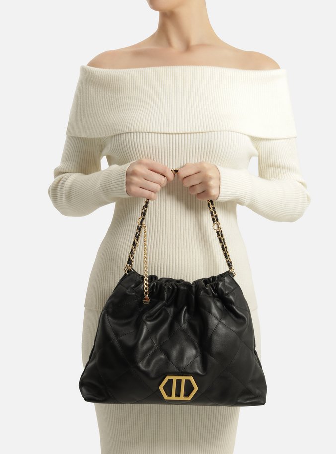 Bolsa Hobo Preta Couro Esther Grande