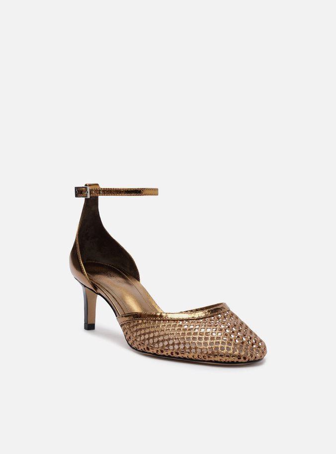 Scarpin Bronze Salto Baixo Fino Aberto Tela