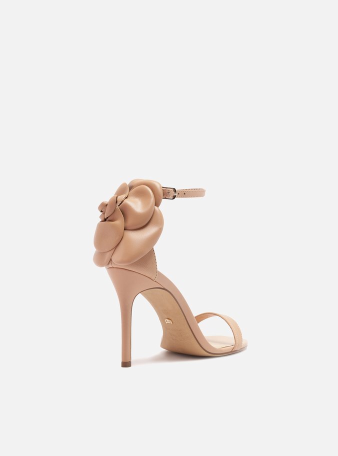 Sandália Nude Couro Salto Fino Maxi Flor