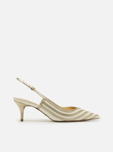 Scarpin Dourado Bicolor Salto Kitten Slingback
