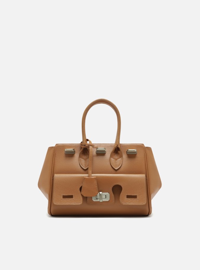 Bolsa Tote Marrom Couro Média Bolso Recortes
