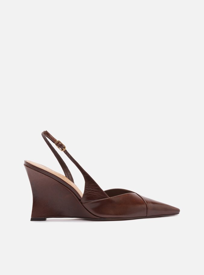 Scarpin Marrom Couro Salto Alto Anabela Slingback V