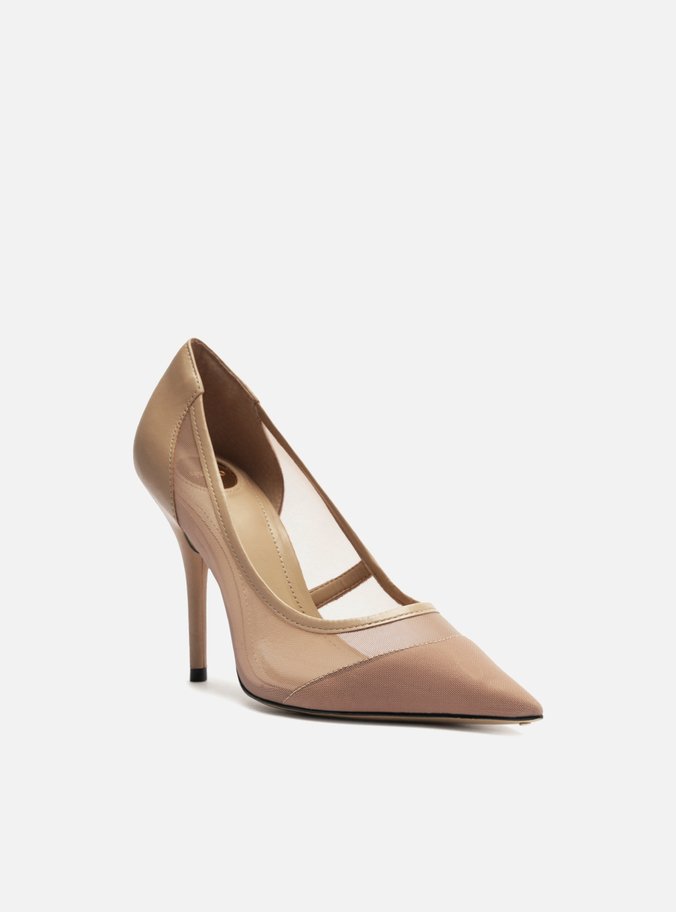 Scarpin Bege Tela Salto Fino Detalhe Couro