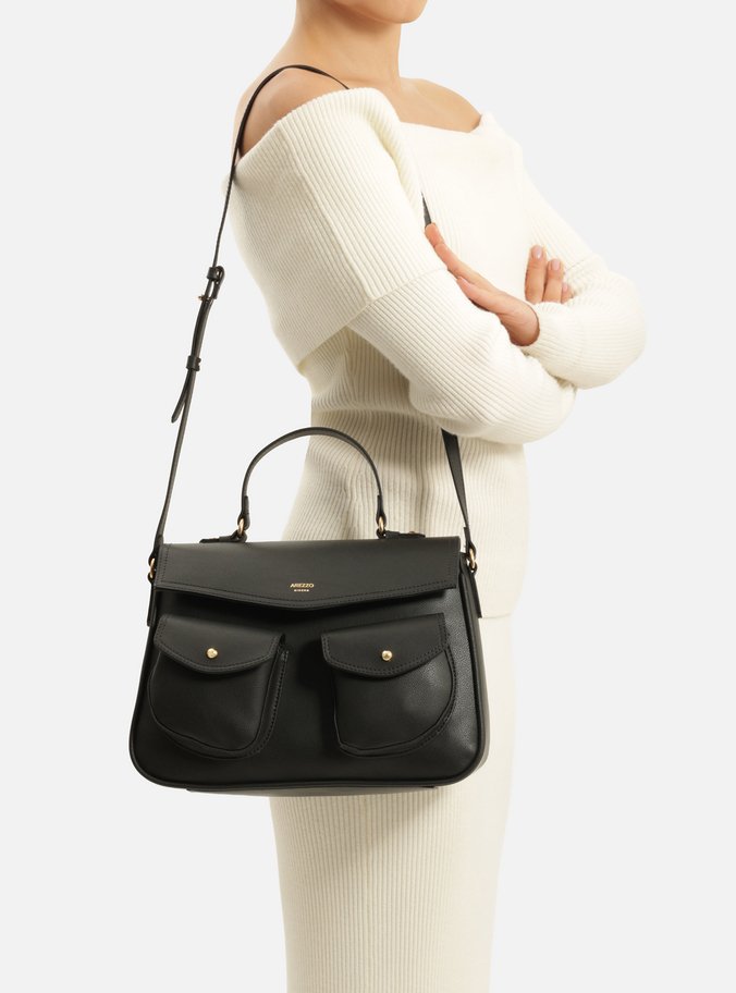 Bolsa Satchel Preta Grande Bolsos Frontais