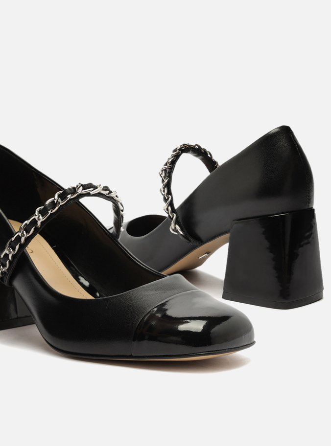 Sapato Boneca Preto Couro Salto Bloco Tira Corrente