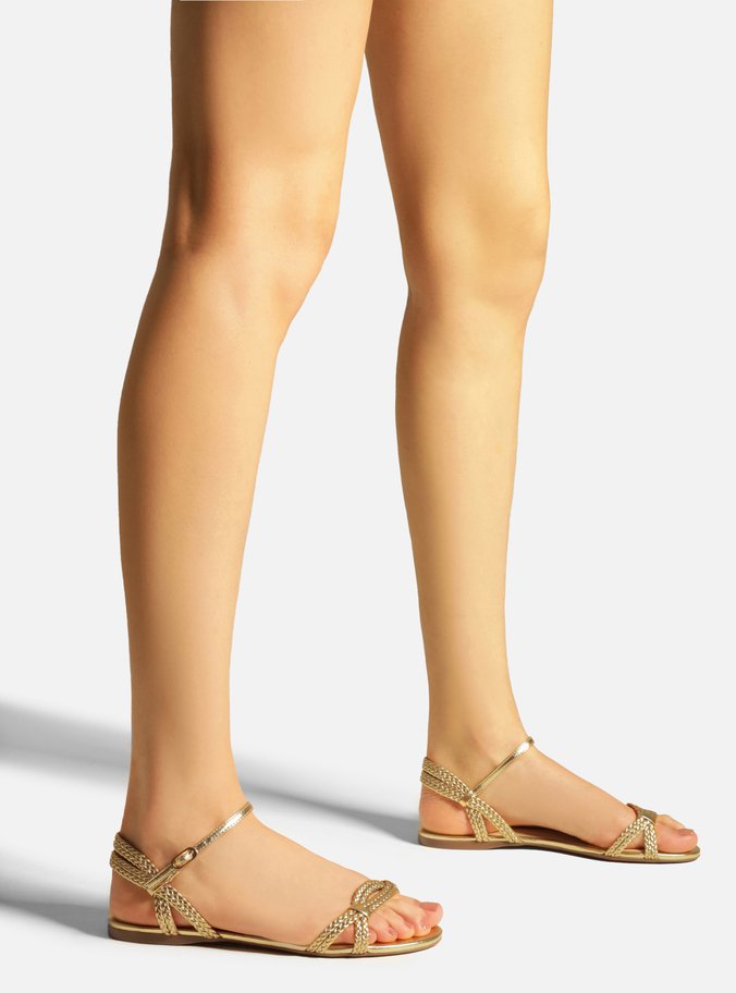 Sandália Rasteira Dourada Trança Fivela