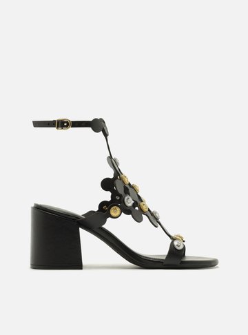 Sandália Preta Couro Bloco Círculos Metais