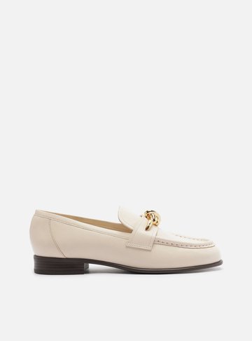 Mocassim Branco Couro Bico Redondo Metal Nó