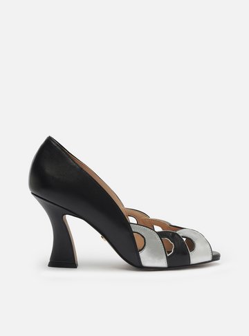 Peep Toe Preto Couro Salto Médio Recortes