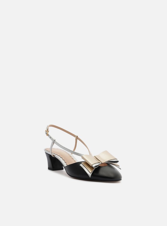 Scarpin Preto Couro Salto Baixo Slingback Laço