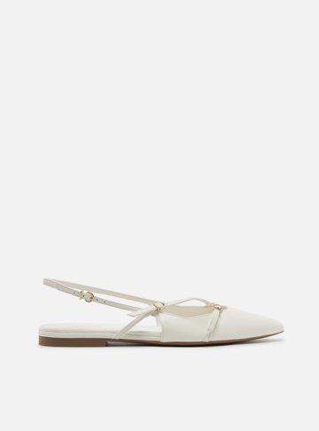 Sapatilha Branca Couro Bico Fino Slingback Fivelas