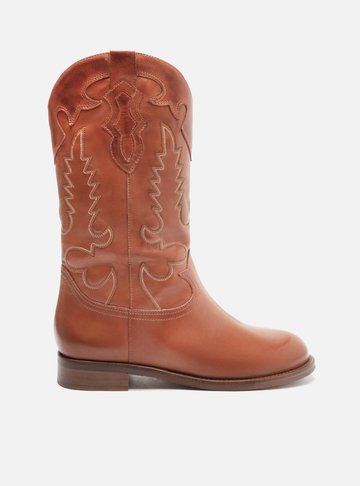 Bota Marrom Couro Cano Longo Bordado Western