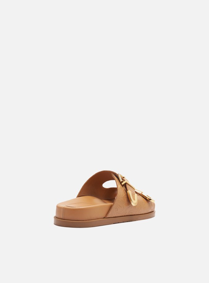 Papete Marrom Caramel Couro Tiras Metais Fivela
