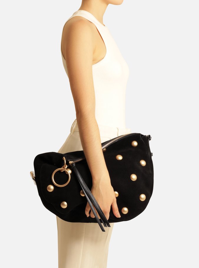 Bolsa Tiracolo Preta Suede Grande Tachas