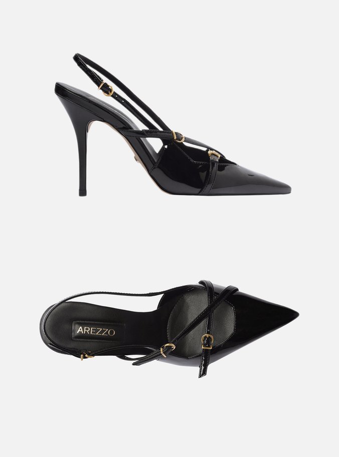 Scarpin Preto Verniz Salto Alto Slingback Amélia