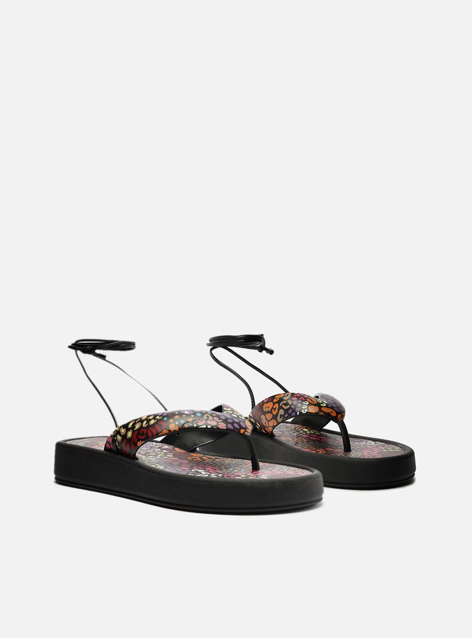 Sandália Rasteira Preta Floral Amarração Brizza