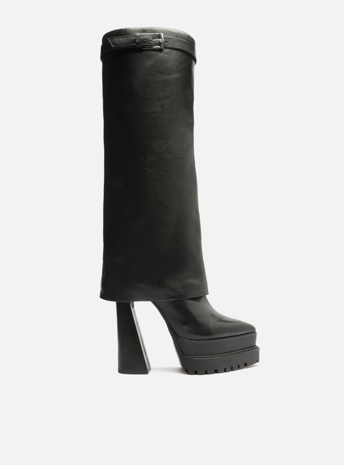 Bota Preta Couro Cano Longo Polaina Tratorada