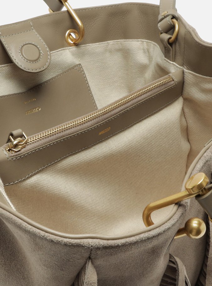 Bolsa Tote Cinza Suede Grande Franjas