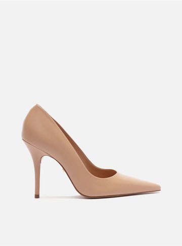 Scarpin Bege Couro Salto Alto Bico Fino