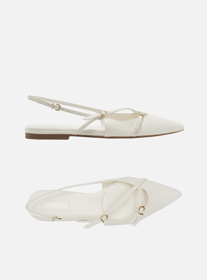 Sapatilha Branca Couro Bico Fino Slingback Fivelas