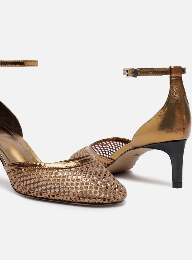 Scarpin Bronze Salto Baixo Fino Aberto Tela