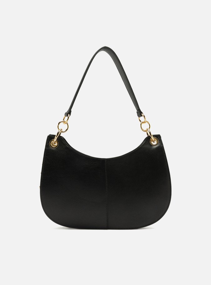 Bolsa Hobo Preta Couro Média Costuras Metais