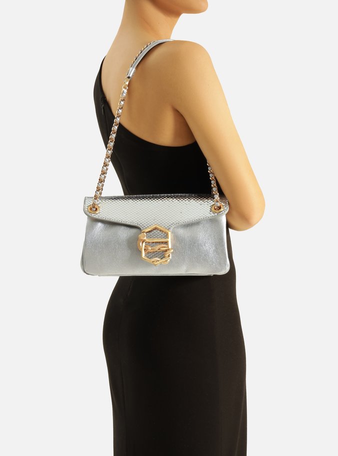 Bolsa Tiracolo Prata Couro Snake Média