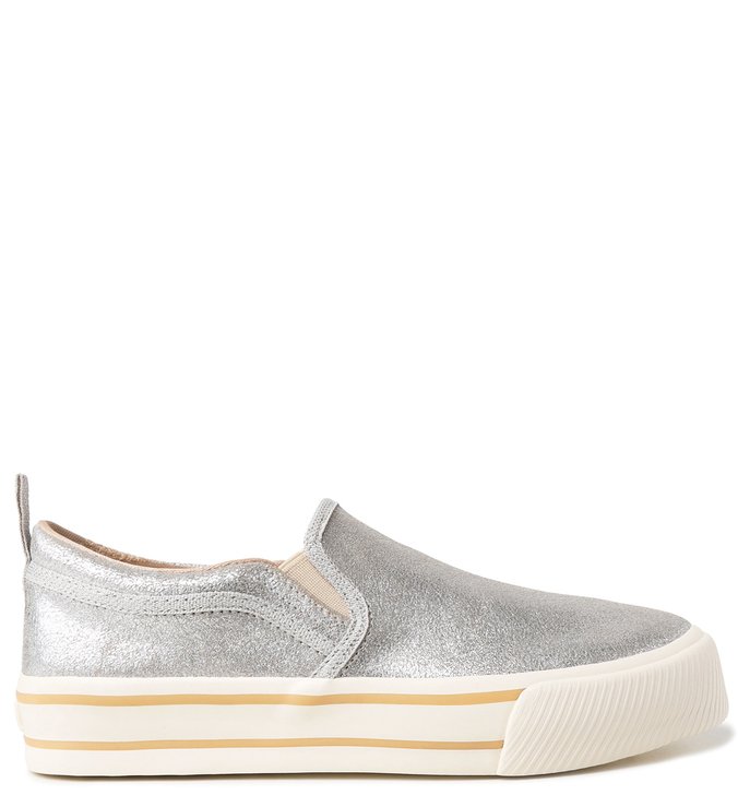 Slip On Prateado Couro Flatform Bege