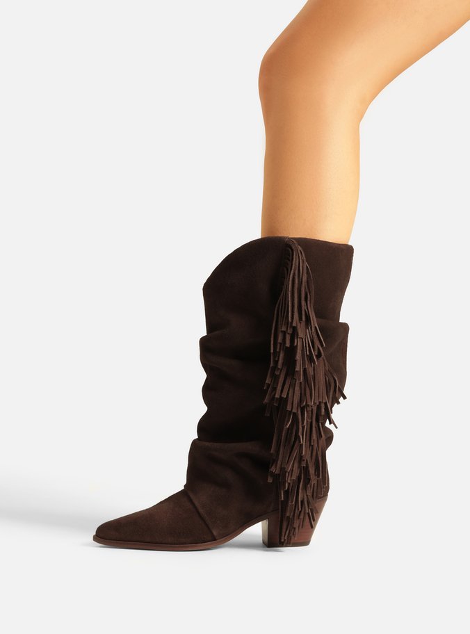 Bota Marrom Suede Cano Alto Bloco Franjas