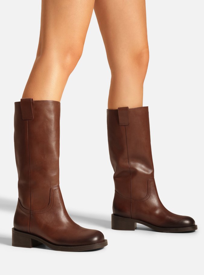 Bota Marrom Couro Cano Longo Salto Bloco Tiras