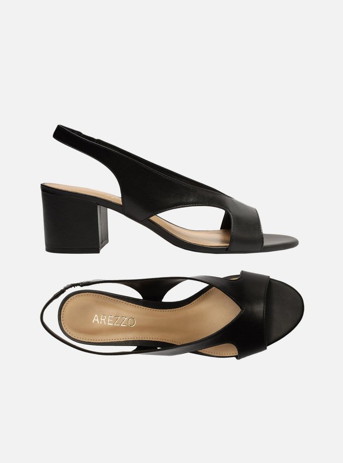 Sandália Preta Couro Salto Médio Slingback
