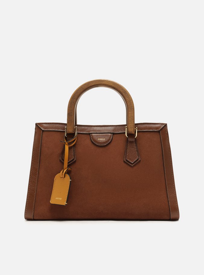 Bolsa Tote Marrom Couro Média Alça Madeira