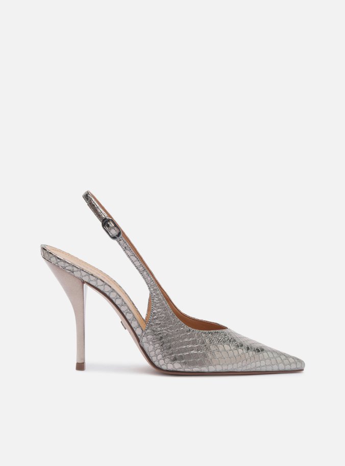 Scarpin Prateado Couro Salto Fino Slingback