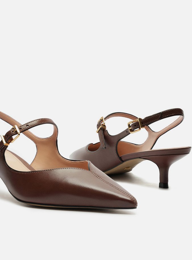 Scarpin Marrom Couro Bico Fino Slingback
