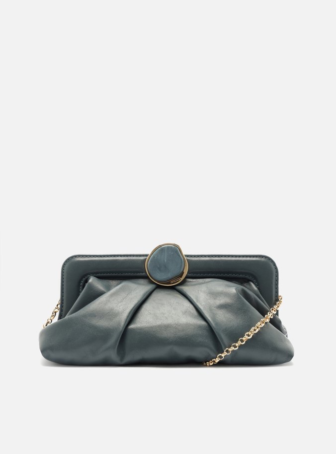 Clutch Azul Couro Grande Corrente Pedra