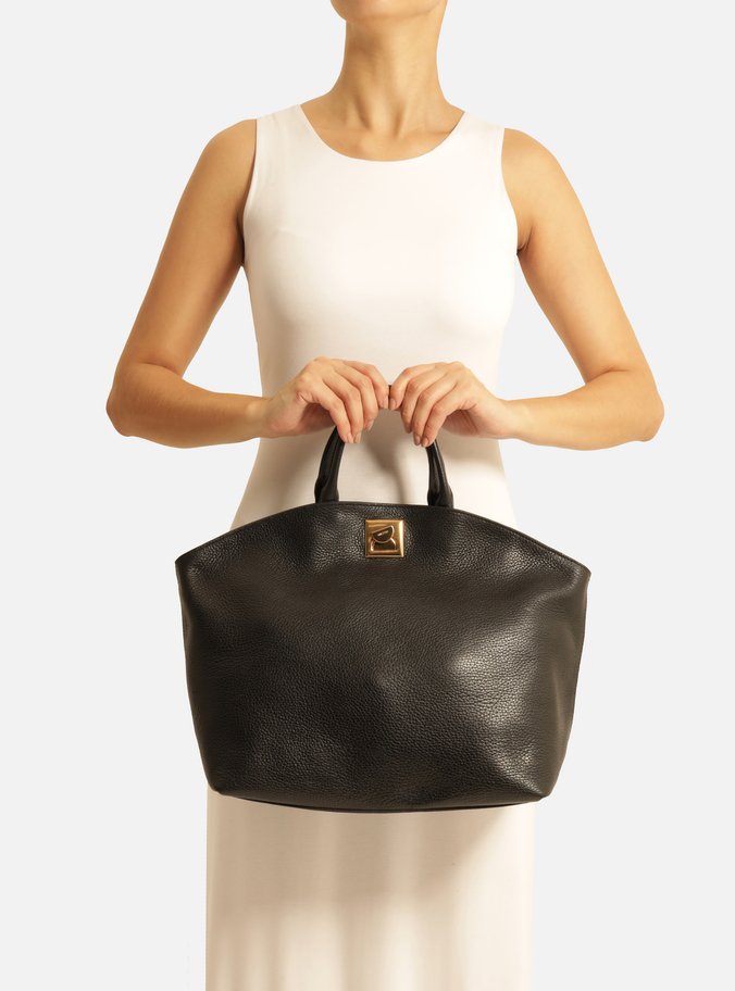 Bolsa Tote Preta Couro Grande Metal