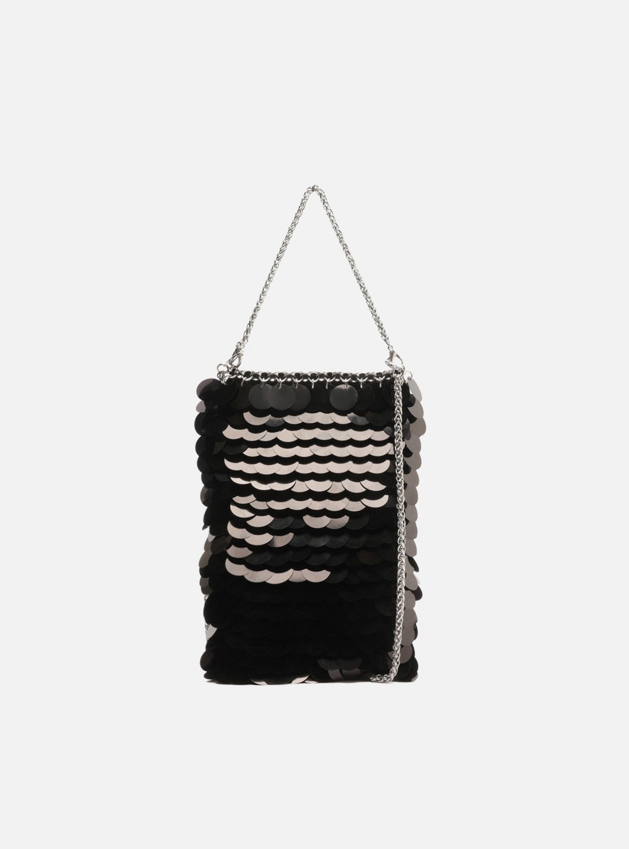 Mini Bag Preta Paetês Porta-Celular Corrente