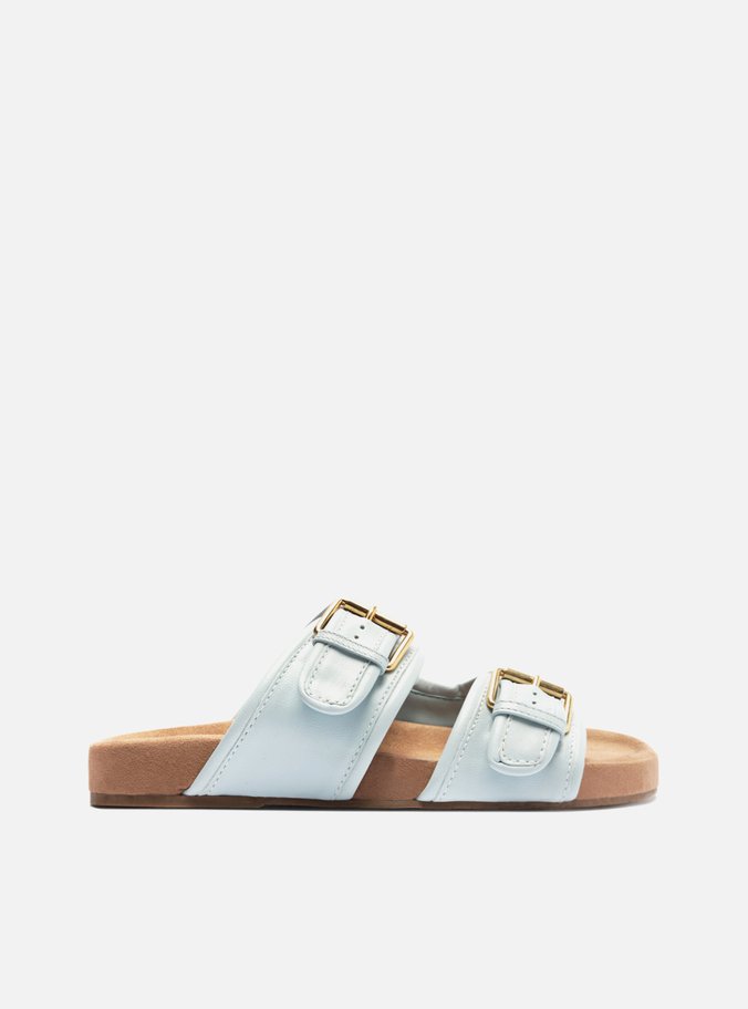 Sandália Papete Azul Couro Flatform Fivelas Douradas