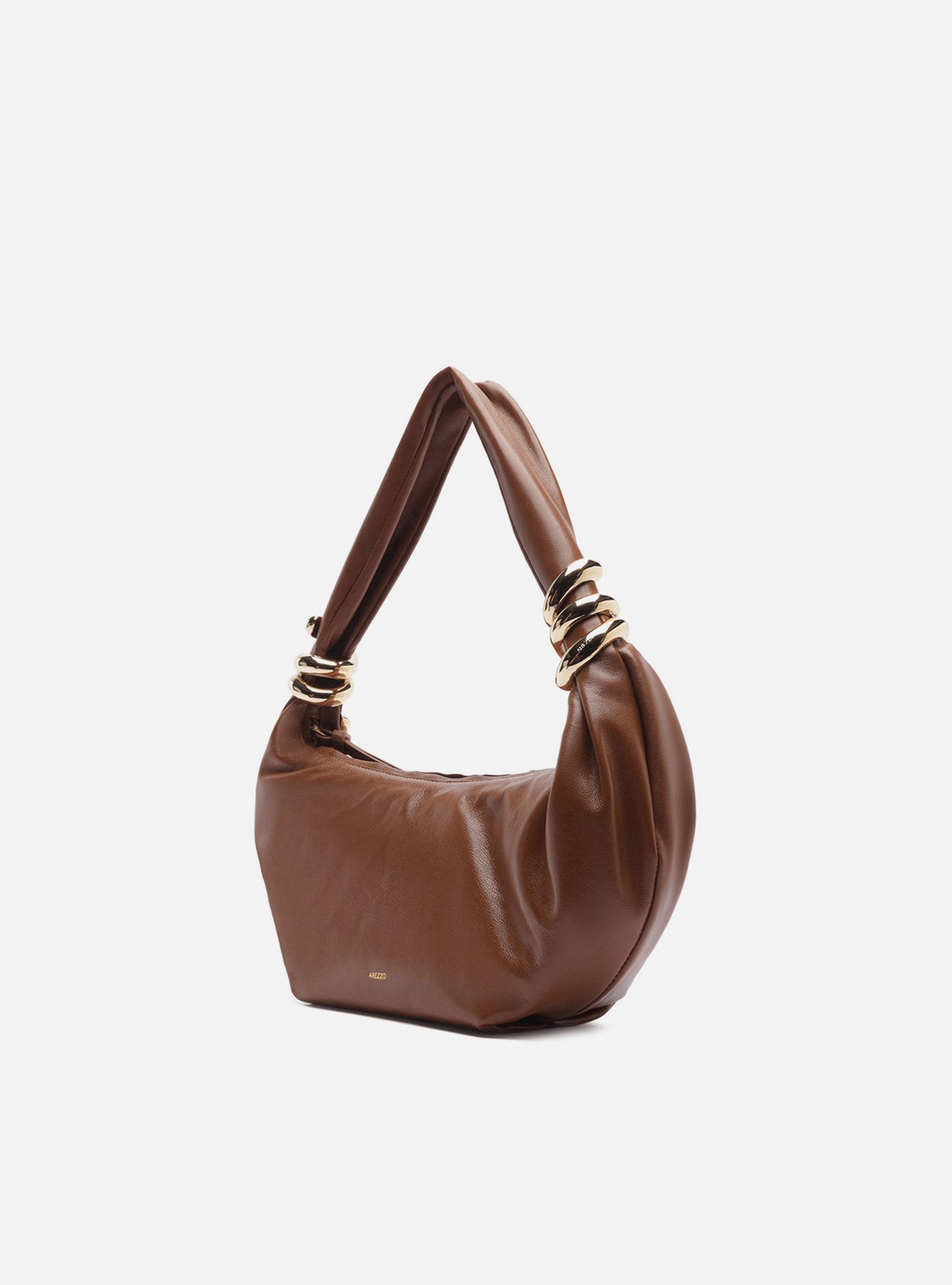 Bolsa Hobo Marrom Couro Média Argolas Douradas — foto 2