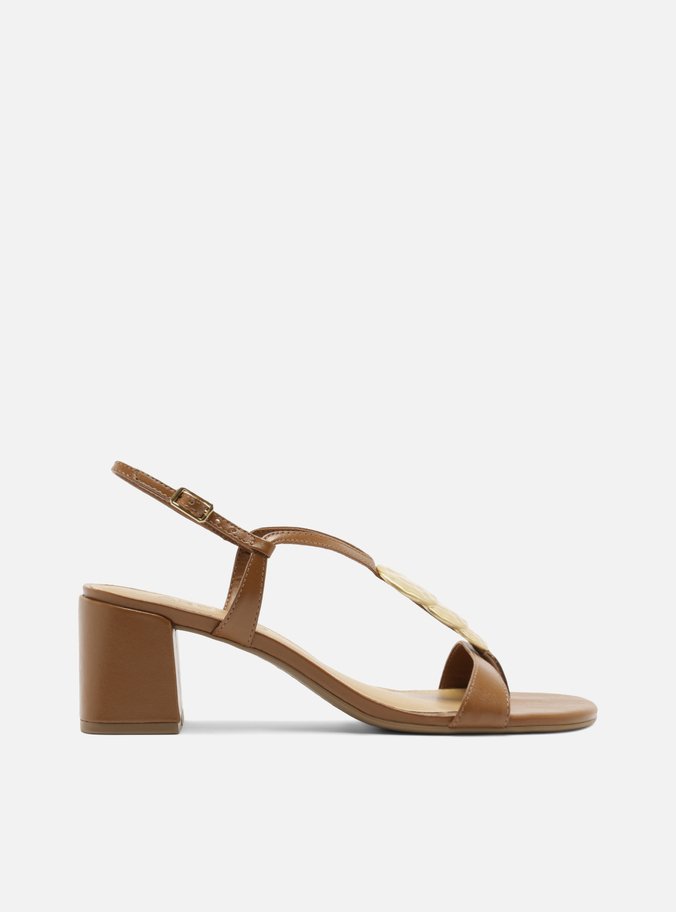 Sandália Marrom Couro Salto Médio Bloco Metais Textura