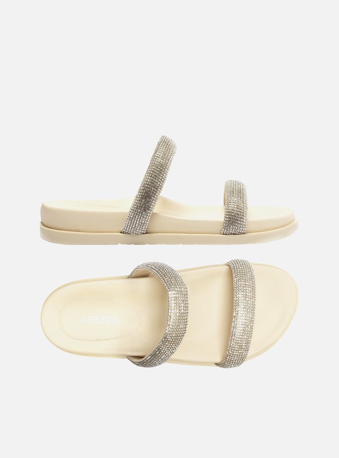 Sandália Rasteira Off-White Tiras Strass