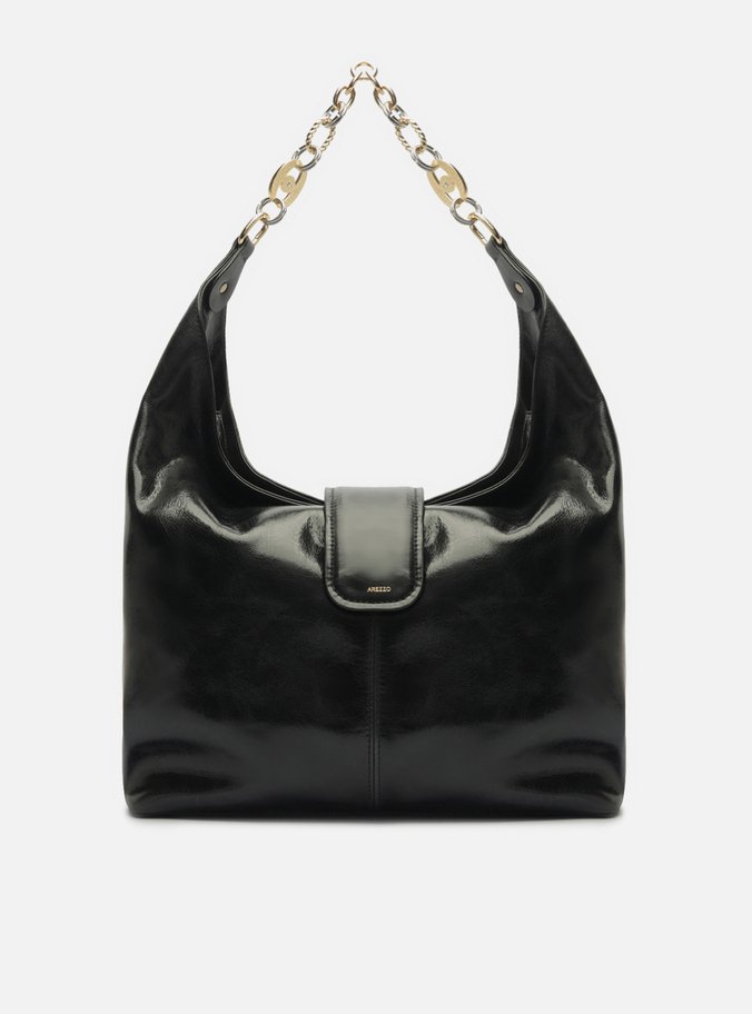 Bolsa Hobo Preta Couro Grande Corrente Elos
