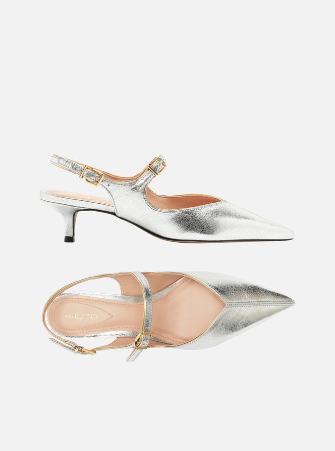 Sapato Boneca Prata Couro Bico Fino Slingback