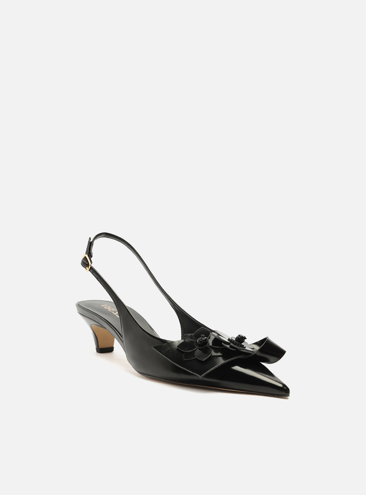 Scarpin Preto Bico Fino Slingback Flores — foto 2