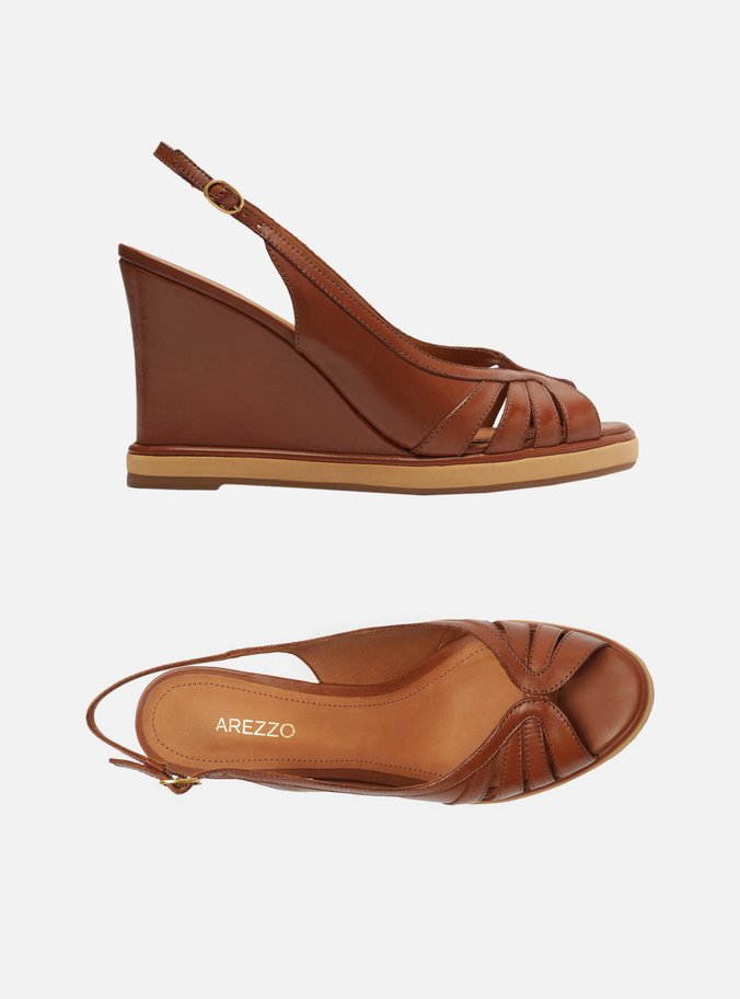 Sandália Marrom Couro Salto Alto Anabela Slingback