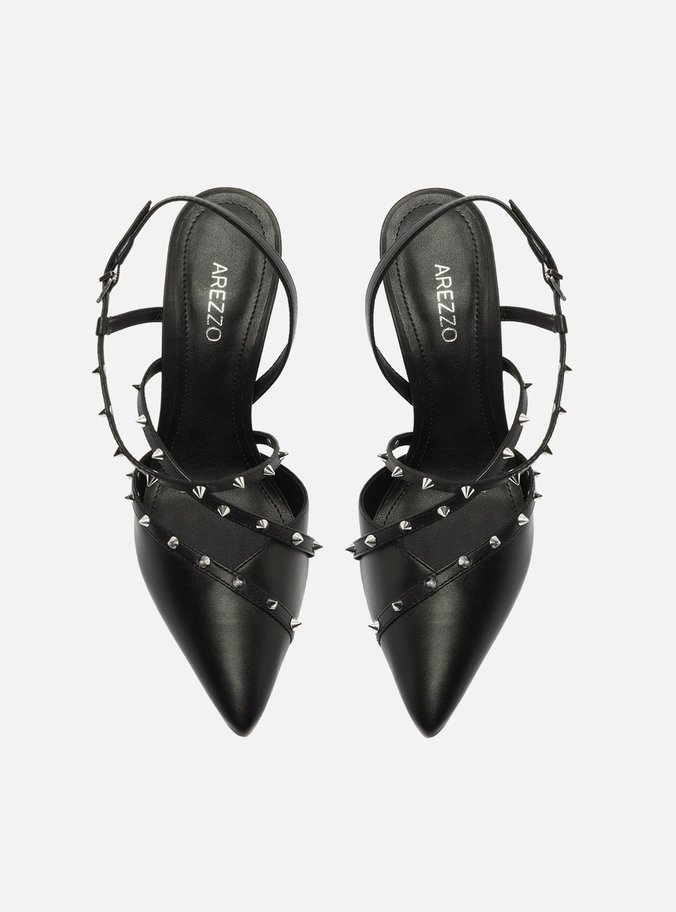 Scarpin Preto Couro Bico Fino Tiras Spikes