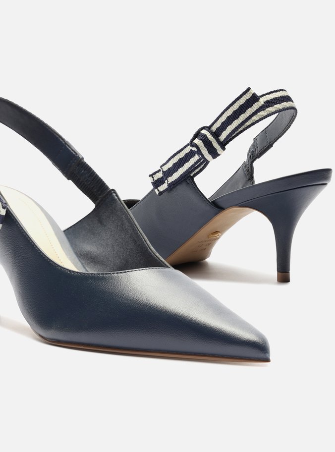 Scarpin Azul Couro Salto Baixo Slingback Laço