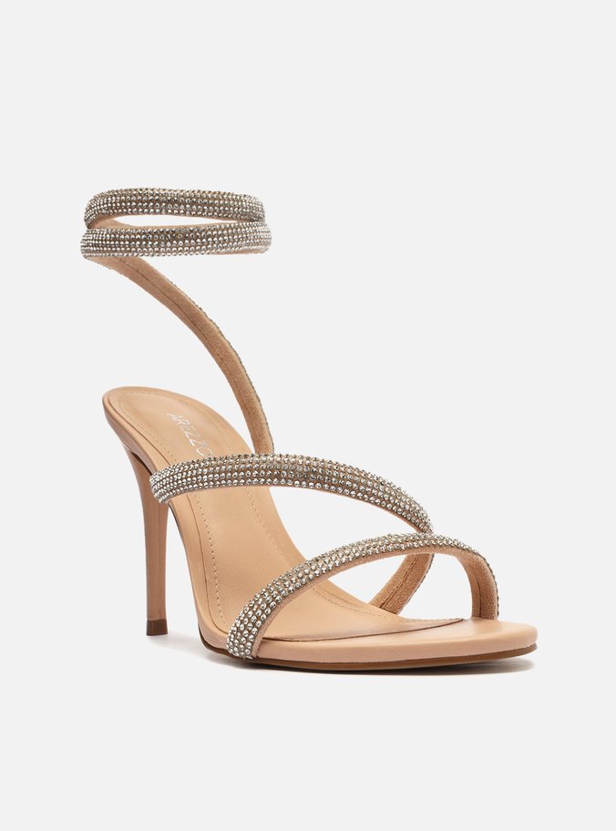 Sandália Bege Salto Fino Espiral Strass Glam