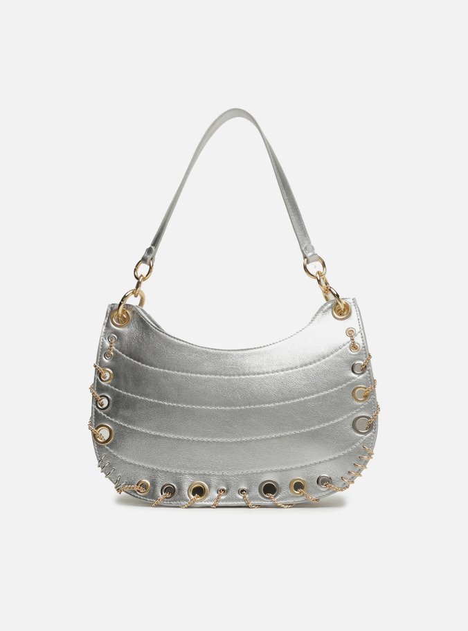 Bolsa Hobo Prata Couro Média Costuras Metais